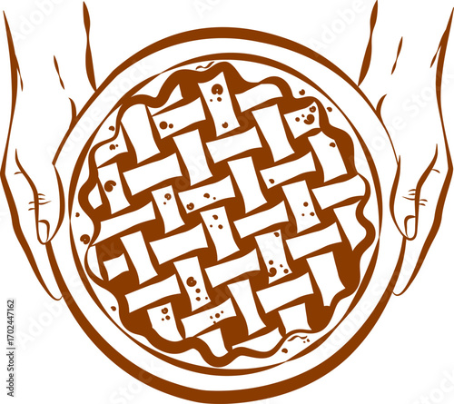 Hands holding pie, top view. Manually drawn image in outline, sketch, doodle. Design element on a white background.