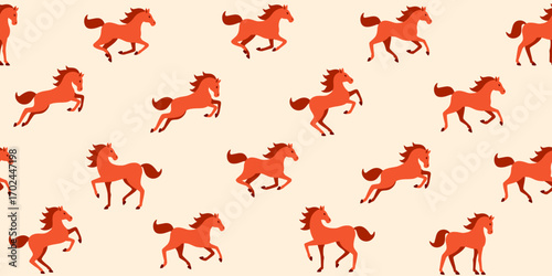 Modern seamless pattern with Chinese lunar fire horse. Vector illustration. Happy New Year 2026 background. Japanese Christmas ornament, cute cartoon pony. Jockey riding wallpaper, race texture