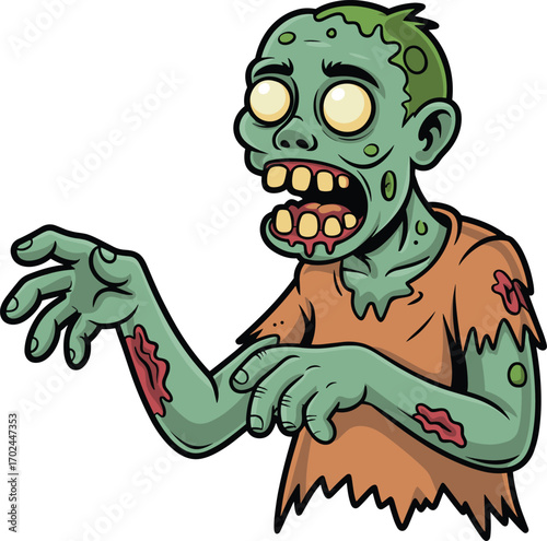 Cartoon zombie, green undead, horror character, glowing eyes, tattered shirt, vector illustration, scary monster, Halloween clipart, creepy design, stock image
