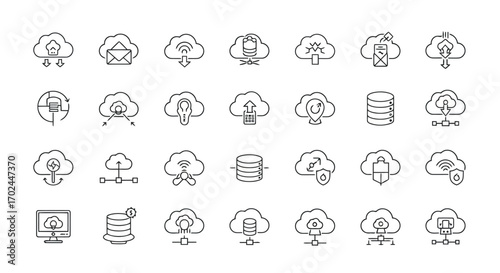 Vector illustration of collection of cloud computing and data storage icons, including upload, download, database, network, and security symbols