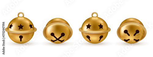Gold jingle bells ball icons set isolated on white background. Vector illustration. Merry Christmas Happy New Year 3d metal object. Retro Xmas tree small decoration. Eve party poster banner design
