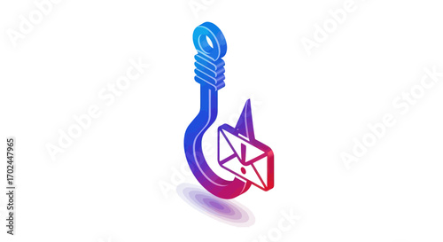 Isometric Blue and Red Fishing Hook with Email Symbol.