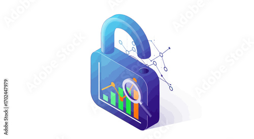 Unlocked Padlock with Data Analytics Graph and Magnifying Glass.