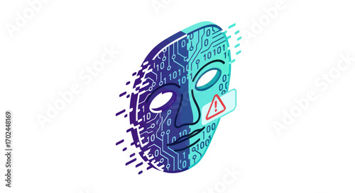 Futuristic AI mask with circuit board and warning symbol.