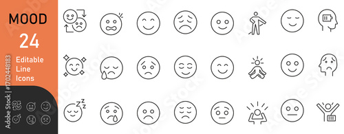 24 editable line mood icons showing various emotions in clean outline style, ideal for apps, blogs, and mental health projects.