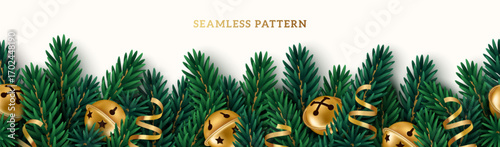 Merry Christmas pine fir tree branch garland, gold vintage jingle bells, serpentine on white background. Vector illustration. Holiday Xmas party seamless border, frame poster, 3d noel garland banner