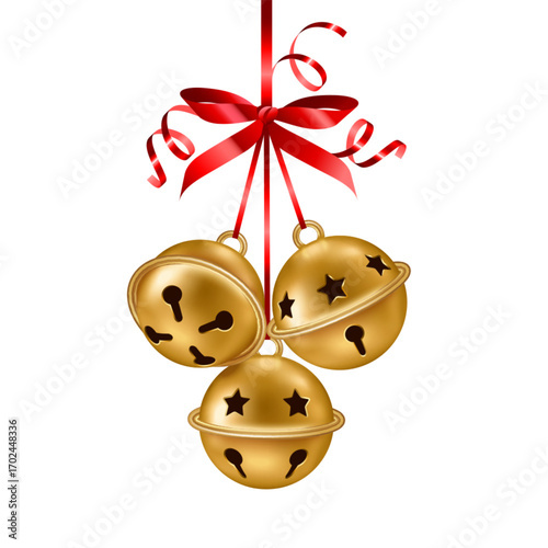 Gold jingle bells hanging on Christmas tree. 3d icon isolated on white background. Vector illustration. Happy New Year retro metal decoration. Red ribbon bow. Xmas Eve party poster banner design