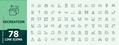 Recreation line icon set. Minimalist editable vector stroke. Vector illustration. Picnic icon set. Included picnic, sports, tourism, hiking, swimming, enjoyment and more.
