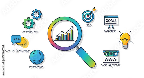 Colorful Digital Marketing Analytics Concept with Magnifying Glass SEO and Business Strategy Icons.