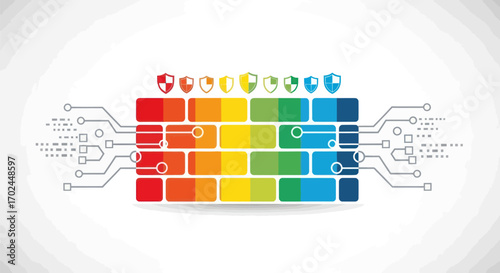 Colorful brick firewall concept with security shields protecting a digital network.