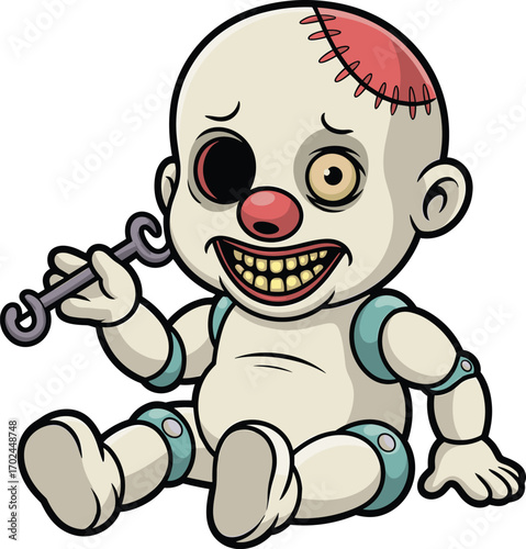 Creepy cartoon doll, horror character, mechanical toy, scary face, stitched head, vector illustration, spooky design, clown nose, stock image, eerie clipart