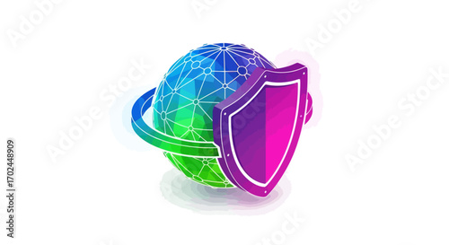 Vibrant 3D icon of a colorful wireframe globe protected by a purple security shield.