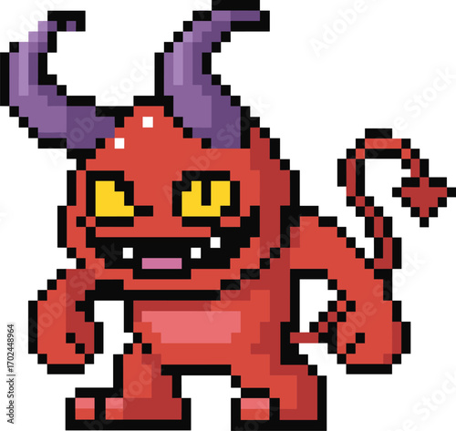 Pixel art demon, red monster, cartoon creature, retro video game, vector illustration, evil character, horns, tail, sprite design, stock image