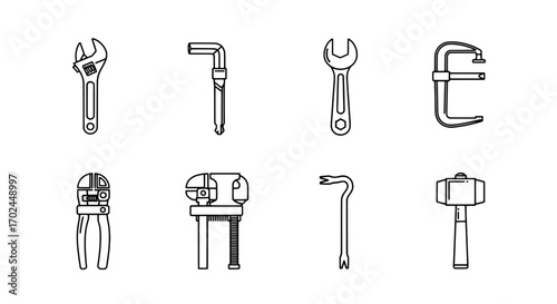 Hand Tools Outline Icons Wrenches, Pliers, and More