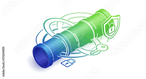 Futuristic Telescopic Spyglass with Security Icons.