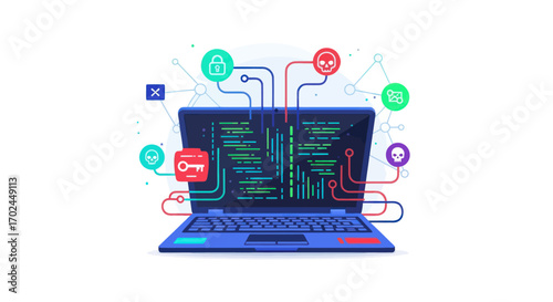 Cybersecurity and software development concept with a laptop displaying code and security icons.