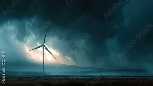 Wind turbine silhouette under stormy clouds