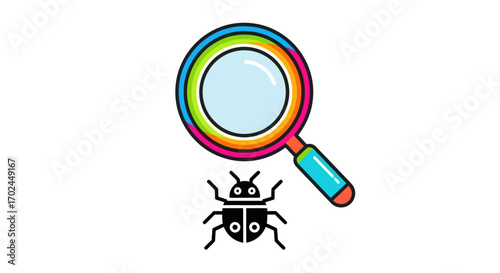 Colorful Magnifying Glass Inspecting a Black Bug Icon for Debugging and Problem Solving.