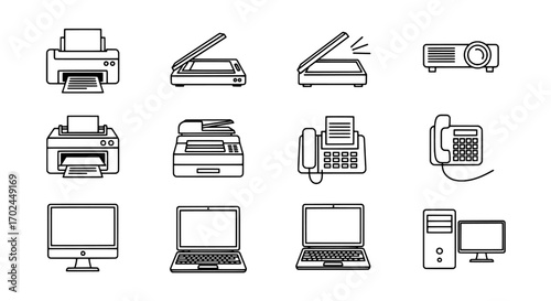 Office Electronics Icons Printers, Scanners, Computers, and Projectors in Line Art