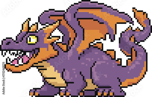 Pixel art dragon, purple fantasy creature, retro video game monster, orange wings, cartoon beast, mythical animal, pixel character, stock image