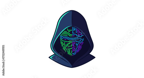 Hooded Figure with Circuit Board Mask Digital Art Illustration.