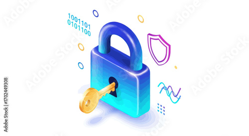 3D Isometric Illustration of a Padlock with Key.