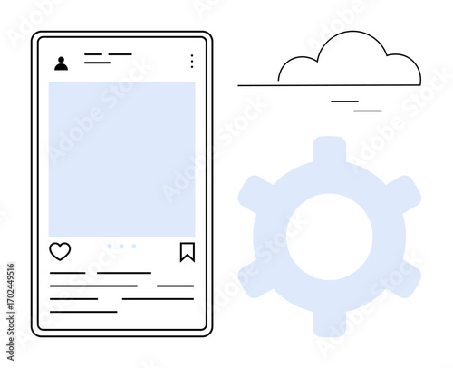 Smartphone social media post layout next to a gear icon and a cloud. Ideal for settings, customization, technology, social media, user interface, cloud storage, digital tools. Flat simple metaphor