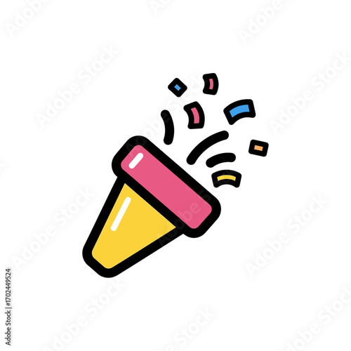 Colorful popper ejects confetti celebration white background