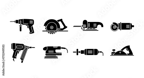 Silhouetted power tools for construction and woodworking projects