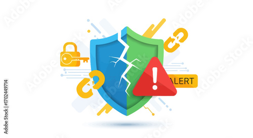 Cracked Shield with Alert Symbol Representing Security Breach.