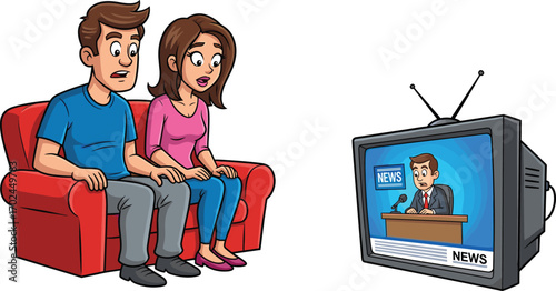 Shocked couple watching breaking news broadcast on vintage TV, sitting on red sofa, emotional reaction to world event, flat vector illustration