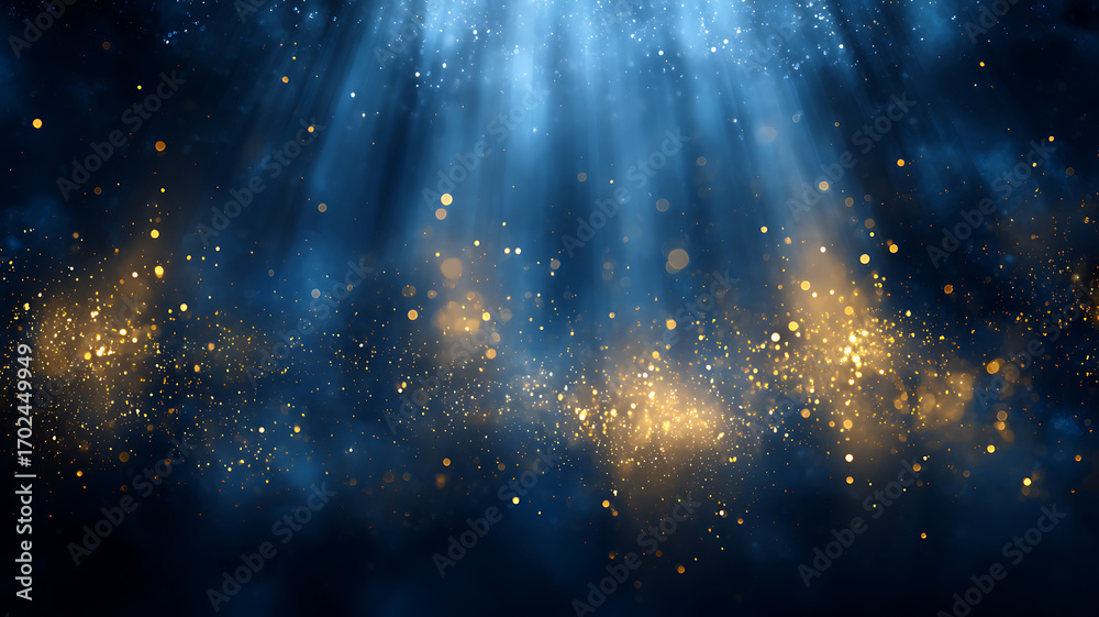 Naklejka premium Dramatic blue spotlight with golden dust particles floating for an enchanting effect.