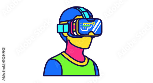 Colorful illustration of a person wearing a virtual reality headset.
