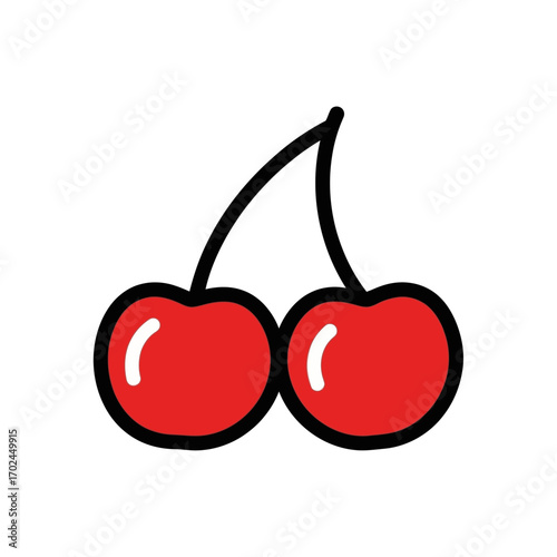 Two red cherries hang freshly on white backdrop detailed