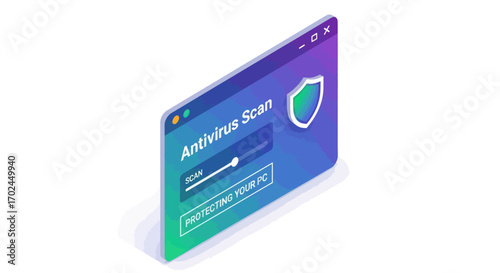 Isometric Antivirus Scan Window with Progress Bar and Shield Icon.