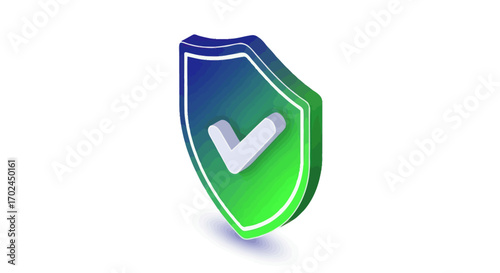 3D Isometric Shield Icon with Checkmark Symbol.