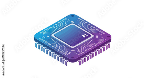 Isometric AI processor chip with glowing blue and purple circuitry for artificial intelligence.