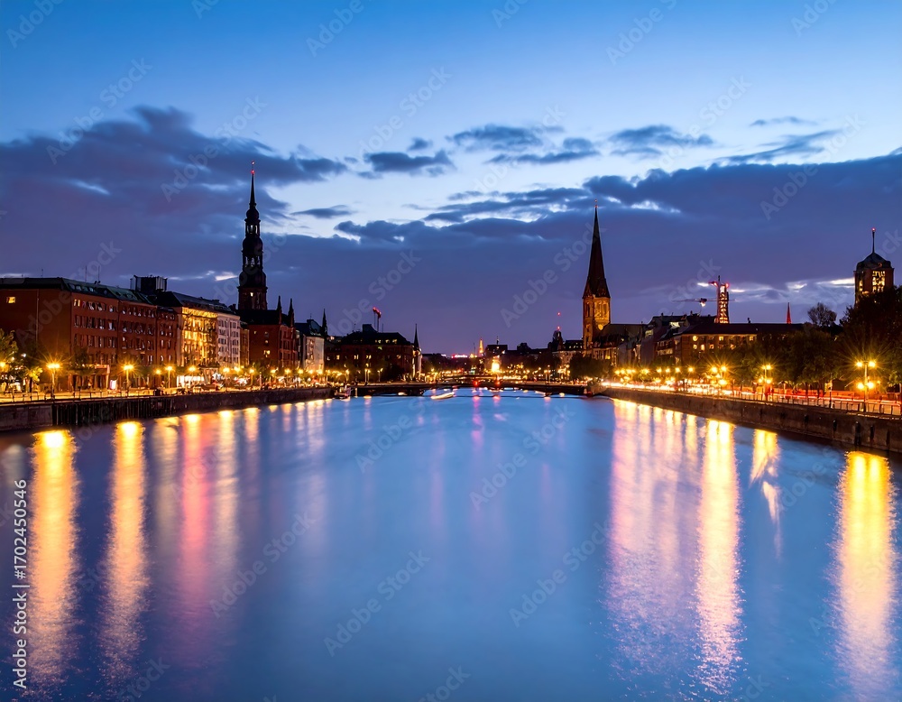 Obraz premium Cityscape at twilight reflected in a canal