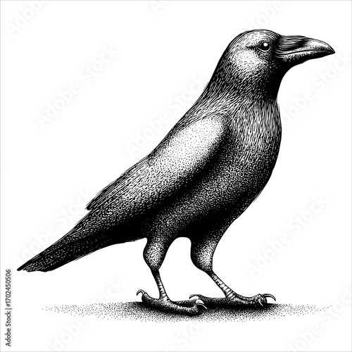 Intricate Engraving of a Crow in Detailed Monochrome