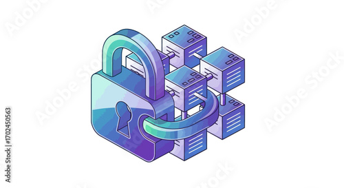 Isometric Digital Padlock Securing Data Blocks for Network Security.