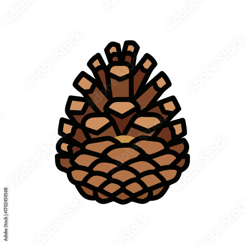 Brown pinecone sits upright showcasing scales on white backdrop