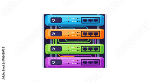 Stack of Colorful Network Routers with Multiple Ports.
