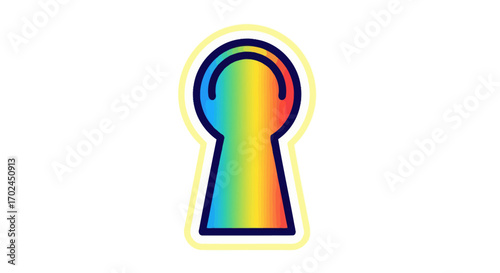 Colorful Rainbow Keyhole Illustration with Blue Outline and Yellow Glow.