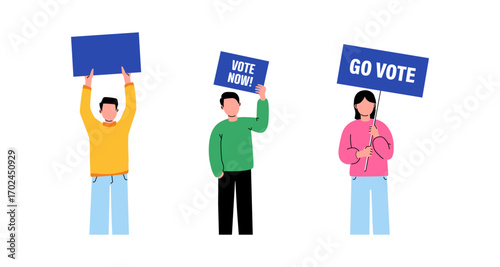 Cartoon people holding signs encouraging voting
