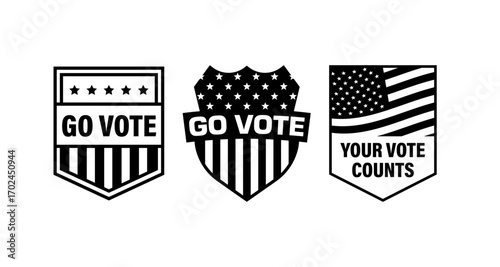 Patriotic voting emblems featuring stars and stripes with motivational text