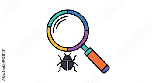 Colorful Magnifying Glass and Bug Illustration for Inspection.