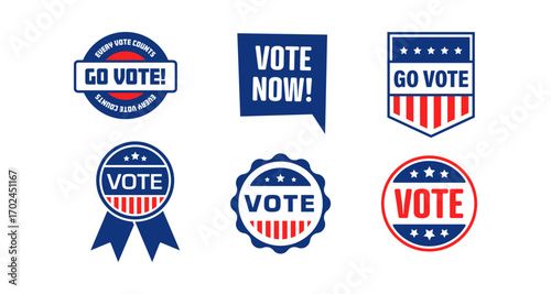 Go vote badges and labels for election campaigns with patriotic designs