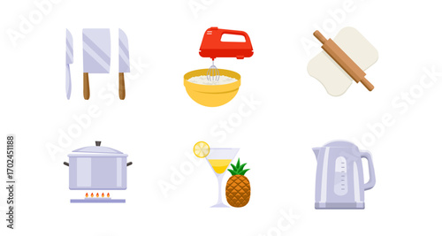 Kitchen utensils and appliances featuring mixer, pot, kettle, knife set, rolling pin, and drink