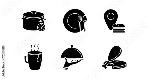 Simple food icons set featuring cooking, dining, and takeout elements