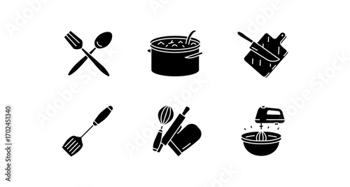 Essential cooking tools icons: kitchenware silhouettes for modern culinary design
